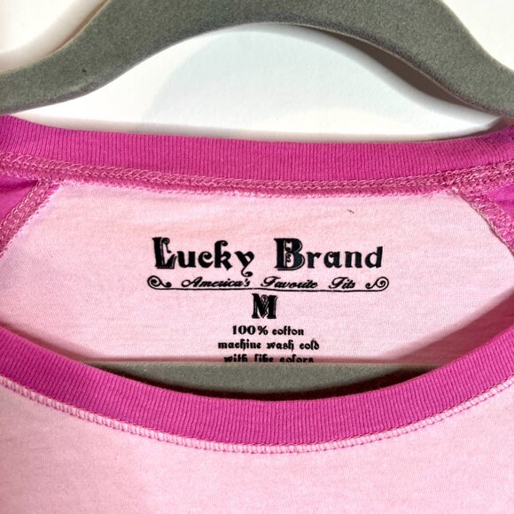 Lucky Brand 'Bulldog Motors' Graphic Pink Two-Tone Baseball Tee Long Sleeve M - Picture 2 of 4